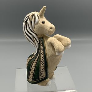 Vtg Artesania Rinconada Rearing Unicorn Figurine in a Green Cape Signed Uruguay